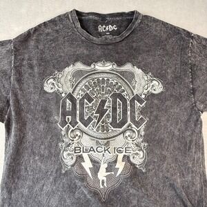 AC/DC Black Ice Acid Wash Graphic T-Shirt Medium Charcoal Grey Rock Band Cotton
